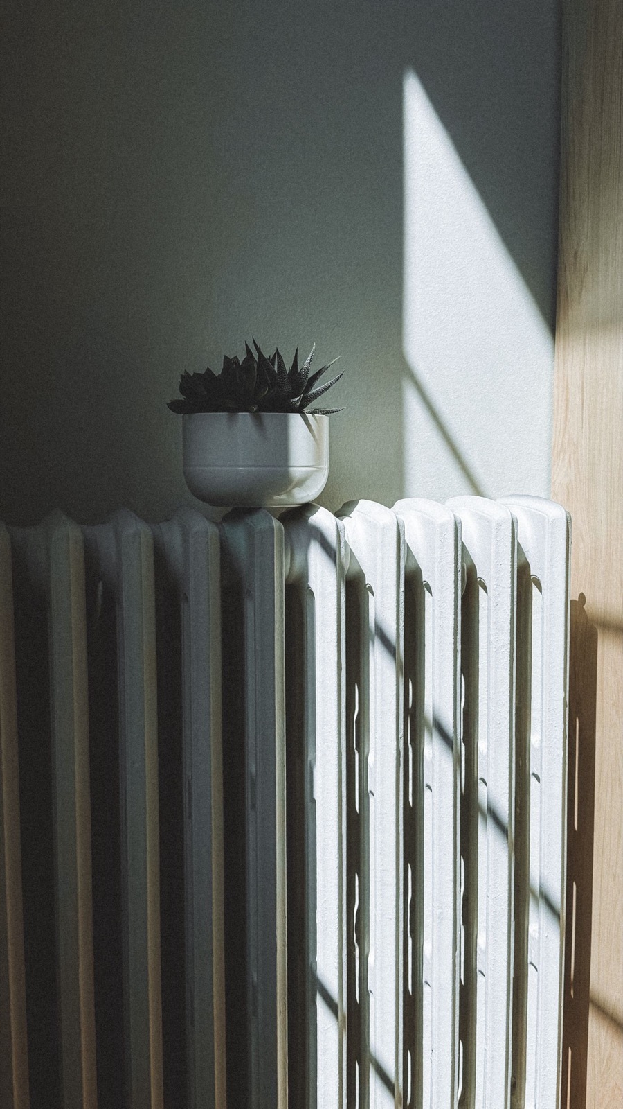 Radiateur en fonte baigné de lumière naturelle dans une pièce claire